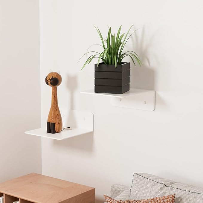 Wisfame Small Piano White Shelves for Wall, 4.92″ Metal Floating Shelves for Echo, Cameras, Small Speaker, Adhesive Display Ledges, No Drilling Wall Shelves for Bathroom, Living Room, Bedroom, 2 Pack