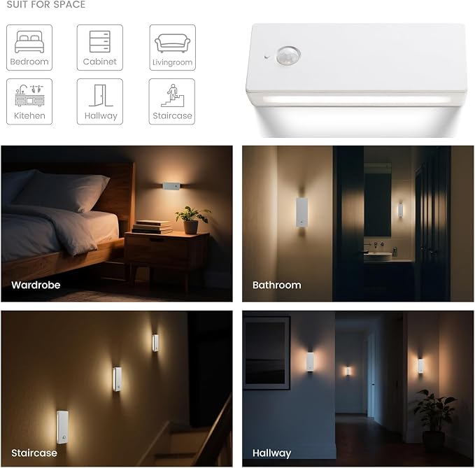 Rechargeable Battery Night Light with Motion Sensor, Cordless Battery-Powered Stick-on Magnet Toilet Lights, Soft Two-Sided Glow, 3CCT Dimmable, for Bedroom, Closet, Stairs, 3 Pack