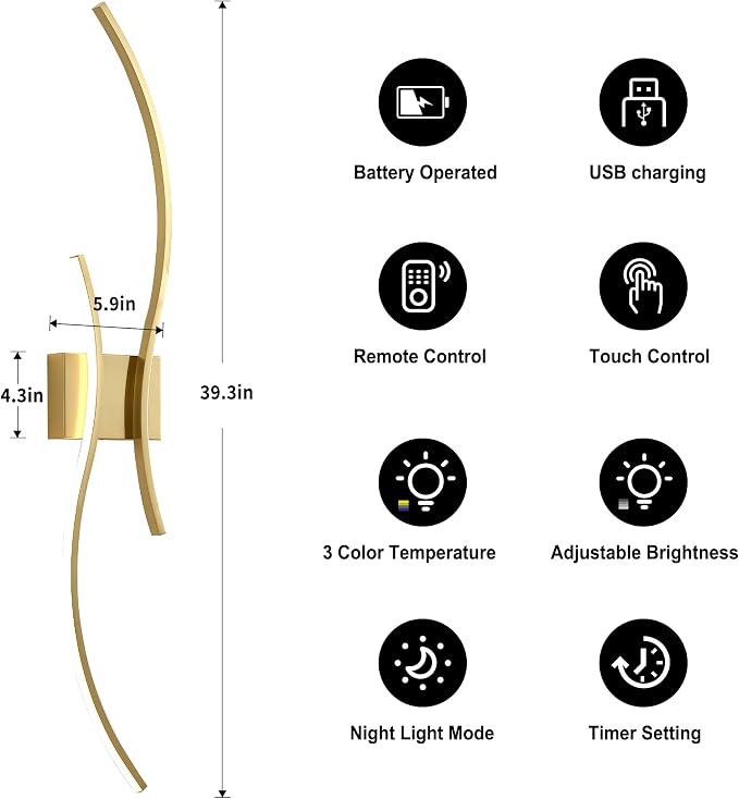 Battery Operated Wall Sconces Set of Two with Remote Control, Battery Wall Light, Stepless Colors 3000K-6000K & Dimming, Brass Rechargeable Wall Sconces for Living Room, Hallway, Bedroom, 39.3 Inch