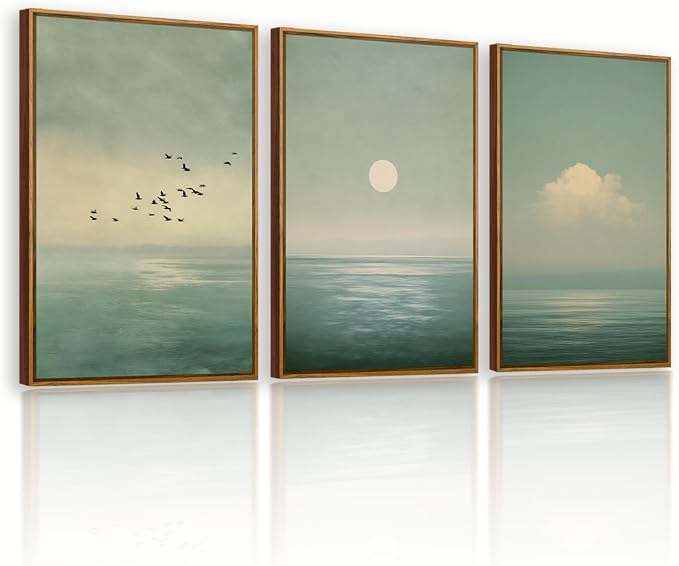 QTUSYUR Japandi Wall Art - Large Farmed Minimalist Sage Green Sunset Art Print - Abstract Calm Seascape Artwork for Bedroom Yoga Room - Scandinavian Zen Peaceful Wall Picture for Home Decor 16”×24”×3