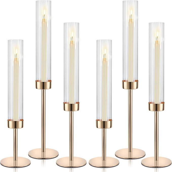 Gold Hurricane Candle Holders, Set of 6 Glass Taper Candlestick Holders Metal Candle Stands Bulk with Ribbed Glass Cover for Dining Tables Wedding Candelabra Centerpieces Decor