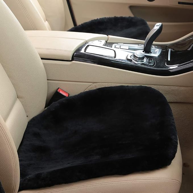 OGLAND 2 Pack Fluffy Genuine Sheepskin Car Seat Covers for Universal Auto Interior Accessories Cushions with Soft Fuzzy Wool Natural Fur Non-Slip,Black