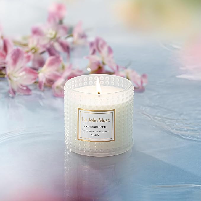 LA JOLIE MUSE Jasmine Lotus Scented Candles for Home, Natural Soy, 55 Hrs | Large Jar Luxury Candles, Clean Non Toxic, Floral Candle Gifts for Women & Mom, Decorative White Candles, Engaged Candle Gift