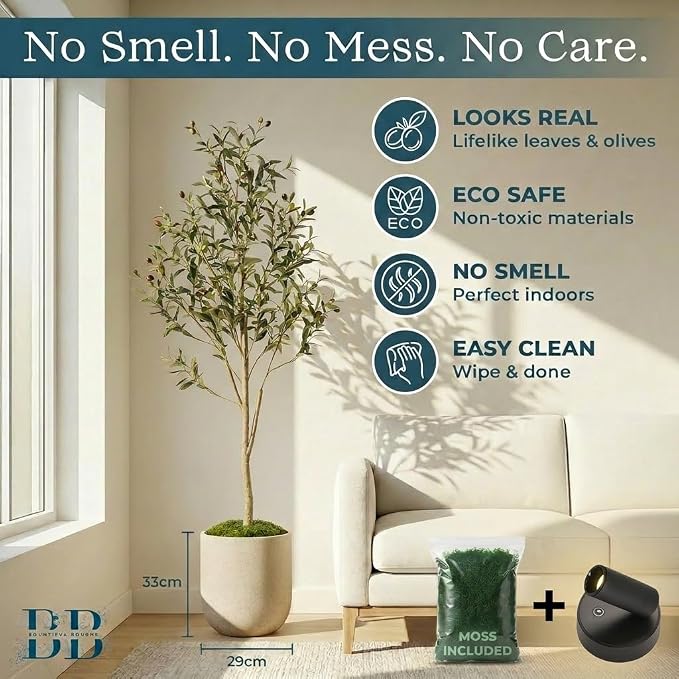 Artificial Olive Tree with Large Modern Planter, Rechargeable Wireless LED Light & Moss - Realistic Fake Potted Indoor Plant for Office and Home Decor (5.5FT)