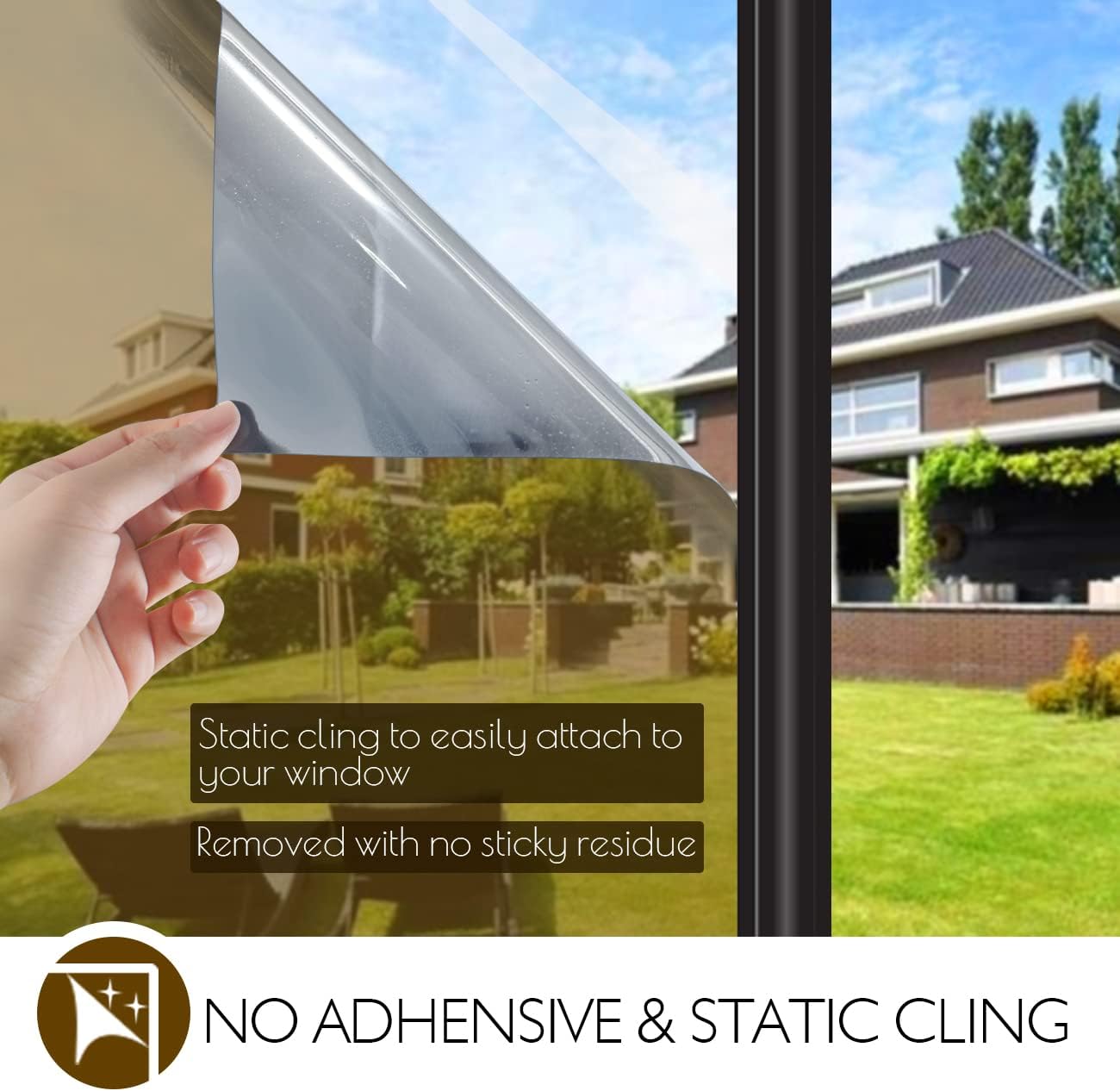 HIDBEA Window Privacy Film Daytime, Heat Control Anti UV Reflective One Way Mirror Window Tint for Home, Non-Adhesive Self Static Cling Window Stickers (Brown-Silver, 17.5 Inch x 6.5 Feet)