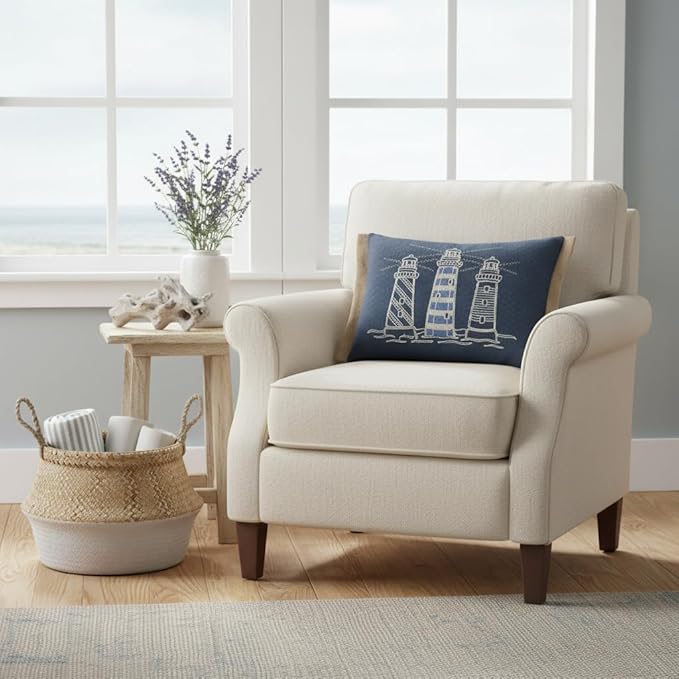 Comfy Hour Under The Sea Collection Ocean Coastal Three Lighthouses Accent and Throw Pillow Blue Decorative Cushion, 18"x13", Polyester