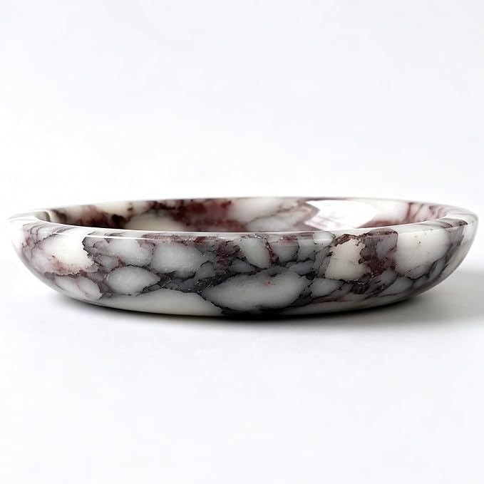 Marble Trinket Dish, Calacatta Marble Tray for Jewelry & Keys, Round Soap Dish & Decorative Stone Bowl Candle Holder for Entryway Table, Bathroom, Vanity (Viola, 5.5 INCH)