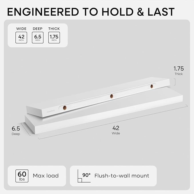 Homeforia White Floating Shelves 42 inch, High End Solid Real Wood 42inch Floating Shelf for Wall Mounted, White Wooden 42in Long Floating Shelves, Heavy Duty Bracket, 42 X 6.5 X 1.75 inches, Set of 3