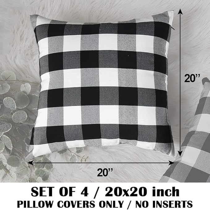 CARRIE HOME Buffalo Plaid Black Throw Pillow Covers 20x20 Set of 4 Decorative Black Outdoor Pillow Covers for Patio and Porch