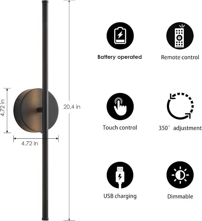 KARTOOSH Battery Operated Wall Sconces, Dimmable Wall Sconces Set of Two, 350°Rotate, 3000K LED Black Wireless Wall Light for Living Room, Bedroom,Hallway, 20.4 Inch (2 Pack)