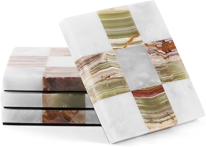 Marble Coasters Set of 4, White & Green Onyx Handmade 4 inch Square Stone Coaster, Decorative Checkered Cup Coaster for Coffee Table, Housewarming Gift & Luxury Kitchen Accessories