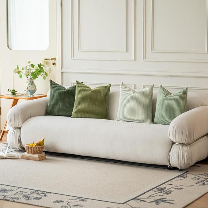LANANAS Neutral Couch Throw Pillow Covers 18x18 Inch Set of 4 Sage Green Decorative Farmhouse Boho Pillows for Living Room, Bed, Sofa Soft Corduroy Accent Home Decor (Mossy Hues, 18x18 Inch)