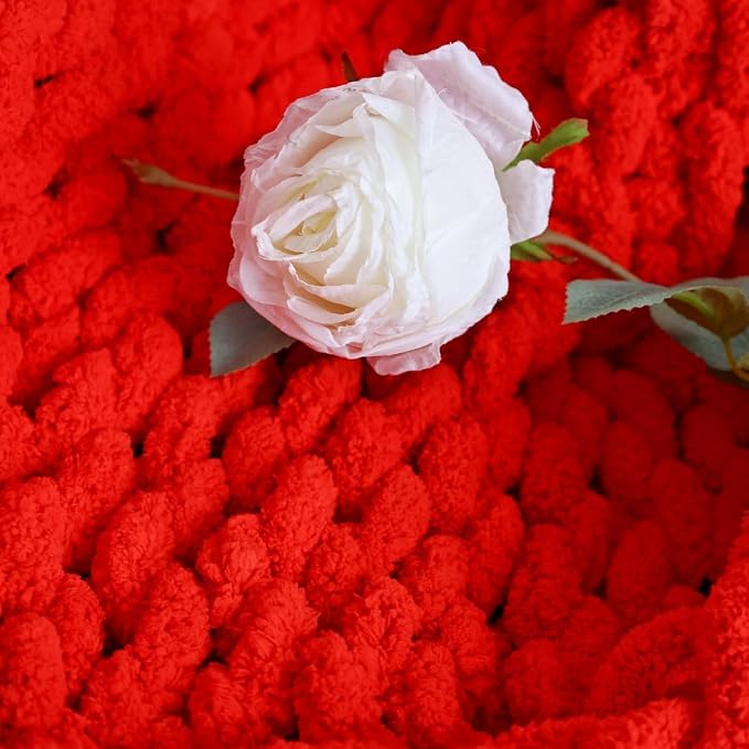 Handmade Chunky Knit Blanket, Cosy Chenille Throw (Red, Throw (50" x 60"))