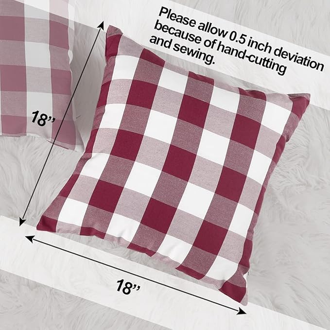 CARRIE HOME Red Buffalo Check Pillow Covers 18 x 18 Set of 2 Red Plaid Check Outdoor Pillow Covers 18x18 Burgundy Throw Pillows for Christmas Decor