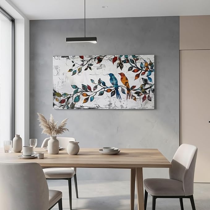 Wall Art Funny Paintings Colorful Birds on a Branch Art Mural Pop Art Home Office Wall Decor Framed Canvas Wall Decor for Living Room Ready to Hang - 40x20in