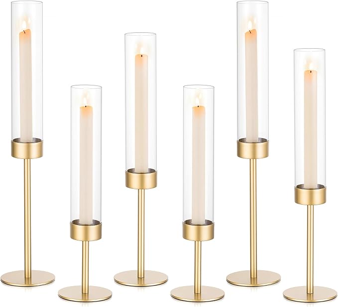 Sziqiqi Hurricane Candle Holders for Wedding: 6 Pcs Gold Candlestick Holders Table Centerpiece - Taper Candle Sticks Holder for Christmas Party