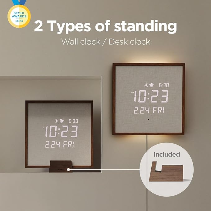mooas Wooden Frame LED Silent Wall Clock with Remote, Backlit Nightlight, Modern Digital LED Wall Clock Display Sunrise Alarm Melody 5 Brightness for Bedroom Living Room (Wooden Frame Dark Brown)