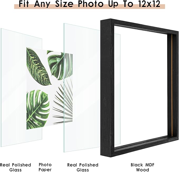 MUYE 12x12 Floating Frames Set of 2,Double Glass Picture Frame Display Any Size Photo up to 12x12,Wall Mount or Tabletop Standing,Black