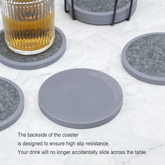 Absorbent Coasters for Drinks with Holder - 6packs, Silicone Coaster with Soft Felt Insert (4.3 inch Coasters with 4.5 inch Holder, Heathered Dark Gray)