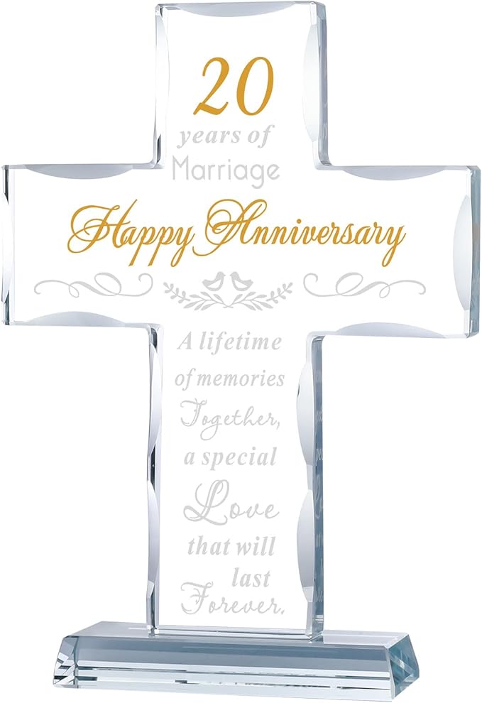 YWHL 20th Anniversary Religious Gifts for Couple, Laser Engraved Glass Standing Cross Keepsake for Him, 20 Years Wedding Anniversary Cross Gifts for Her