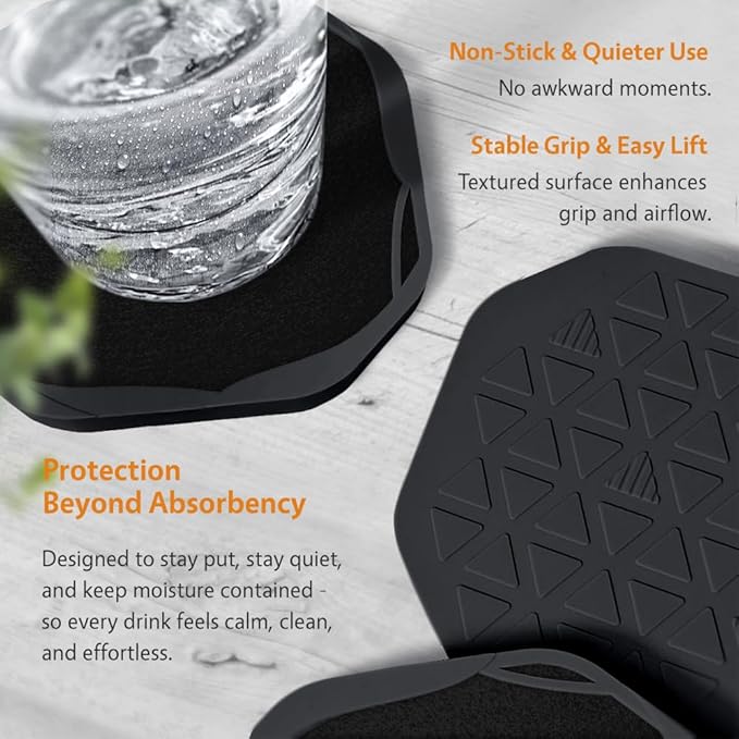 UMIRRO Black Octagon 4" Felt & Silicone Drink Cup Coasters Set of 6 with Holder - Super Absorbent, Built-in Leak Protection, Non-Stick, Modern Coasters for Coffee Table, Desk & Home Decor