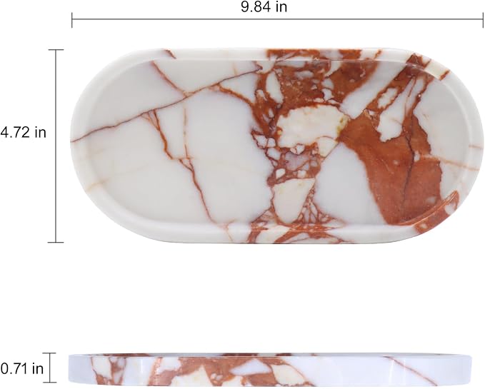 OOBOOB Oval Natural Marble Bathroom Tray for Decor Countertop, Marble Vanity Tray for Candles Perfume, Jewelry, Cosmetics, Elegant Vanity Organizer for Jewelry, Perfume