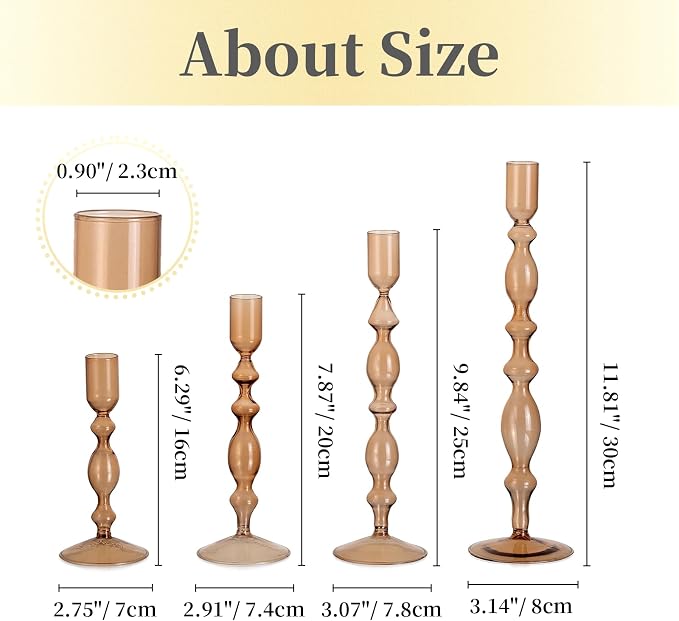 Hewory Glass Candle Holder Set: 4PCS Amber Glass Candlestick Holders Vintage Taper Candle Holders for Candlesticks, Unique Candle Sticks Holder Decor for Table Dinner Festival Events Decorations