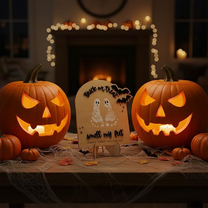 Baby’s First Halloween DIY Footprint Kit – Trick or Treat Wooden Milestone Card Keepsake Sign – Baby halloween Nursery Tabletop Décor, Newborn, halloween Kids stuff