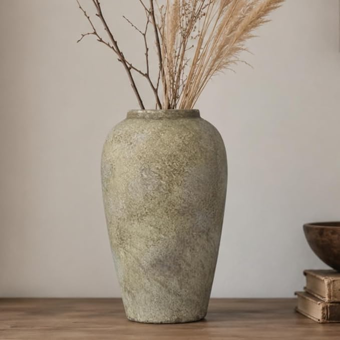Ceramic Rustic Farmhouse Vase, 12 Inch Beige Flower Vases for Home Decor, Rustic Pottery Vase for Table Centerpieces & Living Room, Farmhouse Ceramic Vases for Entryway & Wedding Gifts