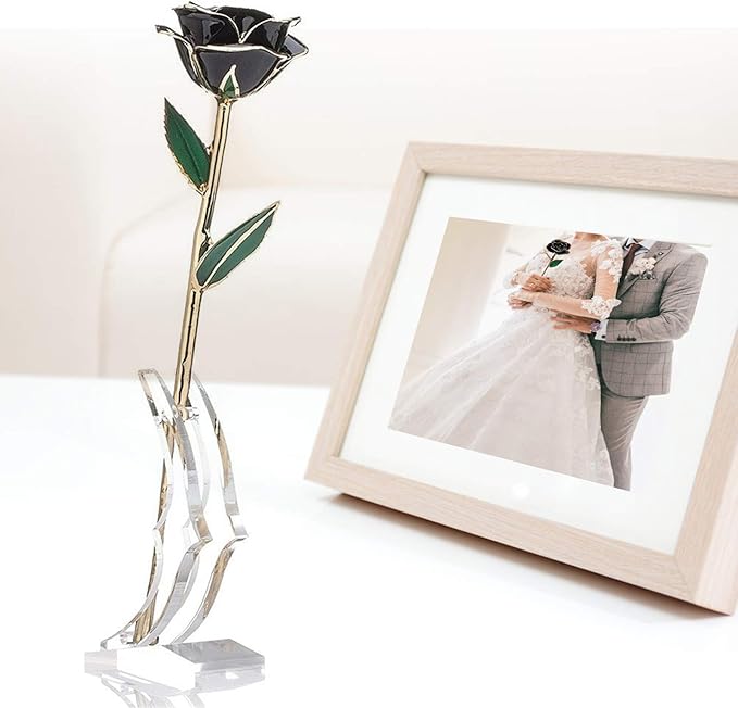 24K Gold Dipped Black Rose Long Stem Forever Preserved Rose Flowers, Christmas Day Valentine's Day Anniversary Birthday for Her Women Wife Mother Girlfriend, Black Rose with Stand