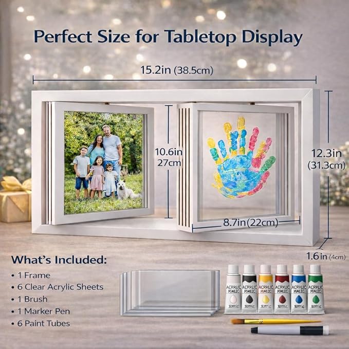 Family Handprint Frame Kit, Dual Rotating Photo & Handprint Display, DIY Keepsake Craft with Wooden Frame, Non-Toxic Paints, Baby Hand & Footprint Kit, Gift for Grandparents & New Parents (White)