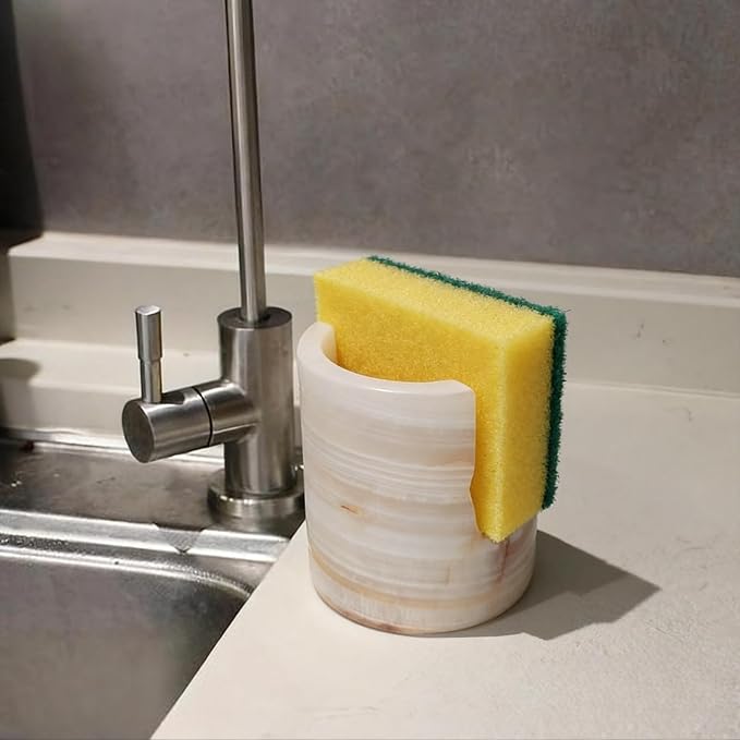 Natural Travertine Marble Sponge Holder, Stone Dish Drying Rack & Sink Organizer - Durable Kitchen Countertop Decor, Sponge Caddy with Drainage (White Onyx)
