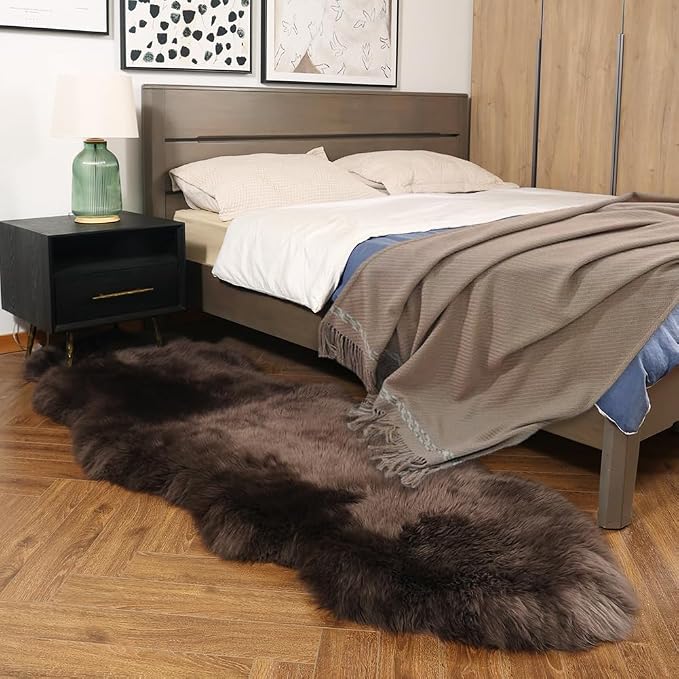 IRIWOOL Premium Genuine Fur Sheepskin Rug Real Australia Sheepskin Natural Luxury Fluffy Lambskin Fur Area Rug Seat Covers for Kids Bedroom Sofa Chair Cover (Dark Walnut, Double Pelt/2ft x 6ft)