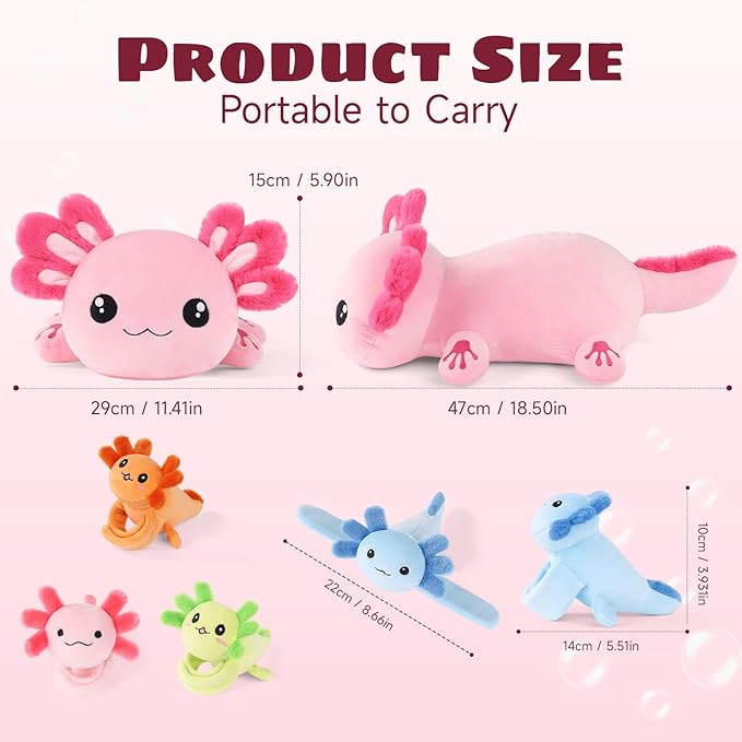 5 Pcs Axolotl Plush Toys for Girls Boys, 18.5" Mommy Axolotl Stuffed Animal with 4 Baby Axolotls Inside, Pink Stuffed Axolotl Salamander Plushies Pillow Toys Gift for Kids Easter Christmas Birthday