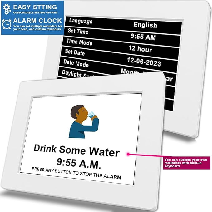 MASSII 𝗨𝗽𝗴𝗿𝗮𝗱𝗲𝗱 Dementia Clock 27 Alarms with Auto DST, DIY Custom Reminders,10 Auto-Dim Options, Non-Abbreviated Digital Clock for Elderly, Memory Battery Included (7 Inch with Remote)