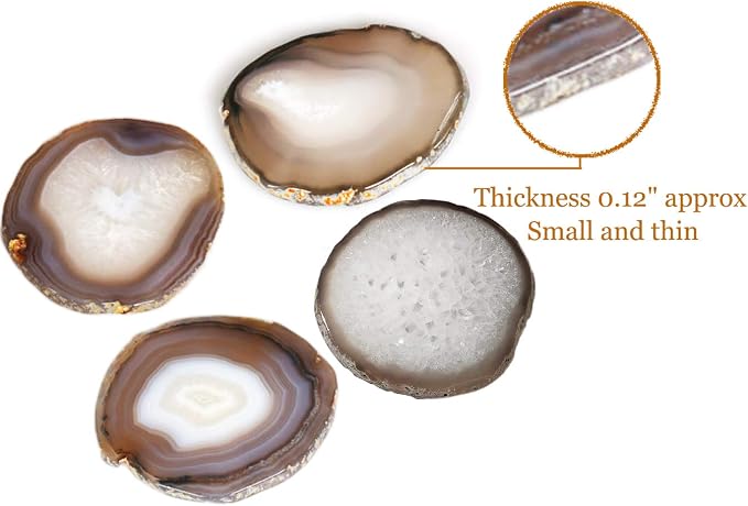 Natural Agate Coasters Set of 4, Medium 3.5-4" Brown Geode Stone Slices for Coffee Mugs, Tea Cups & Wine Glasses, Crystal Tabletop Protection with Rubber Bumpers
