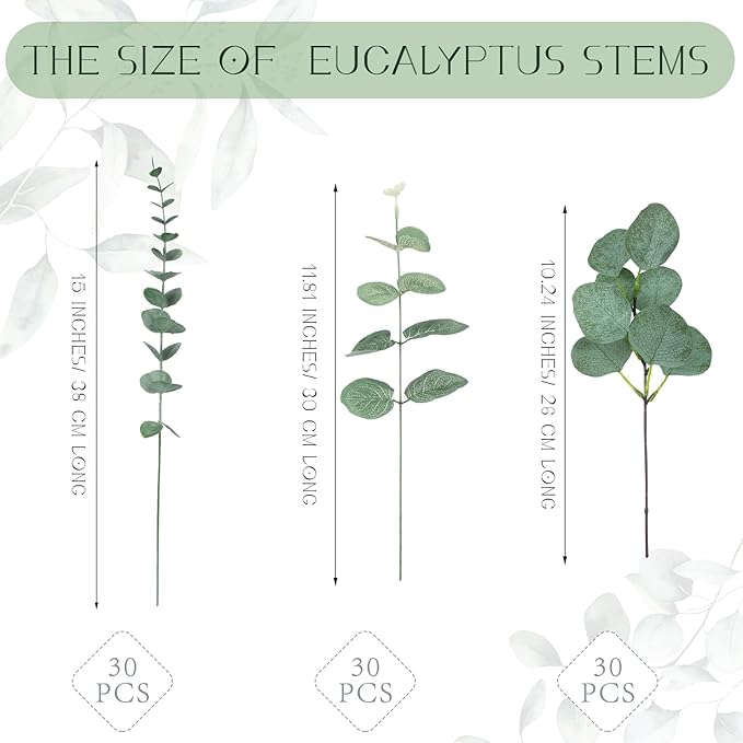 Giegxin 90 Pcs 3 Kinds Mixed Artificial Eucalyptus Leaves Stems Bulk Silver Dollar Leaves Picks Dried Eucalyptus Bundle Faux Spray for Wedding Vase Bouquet Floral Arrangement (Green)
