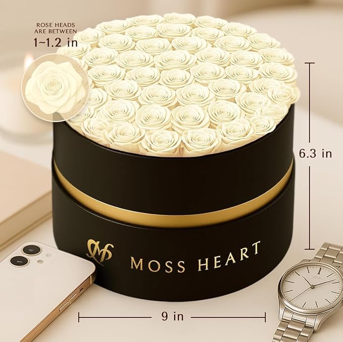 50 Petite Preserved Roses, Designer Round Box, Real Forever Roses Last 1+ Year, Premium Gift for Women, Wife, Girlfriend, Mother’s Day, Birthday, Anniversary, Valentine’s Day