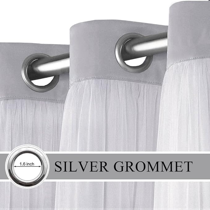 Short Light Gray Blackout Curtains with White Sheer - Double Layered Grommet Window Treatment Decorations for Bedroom Living Room Nursery, 52 x 54 in, 2 Panels