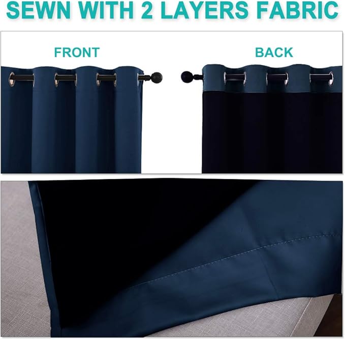 NICETOWN 100% Blackout Blinds, Set of 2, 46" x 96", Navy Blue, Laundry Room Decor Window Treatment Curtains for Large Patio Sliding Door, Thermal Insulated Curtains for Bedroom