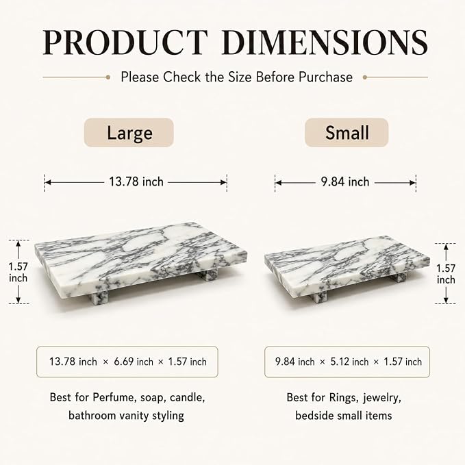 Natural Marble Rectangular Decorative Tray Pedestal Stand, 13.8 x 6.7 in Bathroom Vanity Counter Organizer, Jewelry Keys Candles and Soap Display Stone Tray