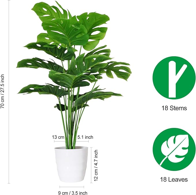 SAJANDAS Set of 2 Artificial Monstera Deliciosa Plants in Pots, Fake Tropical Palm Tree with Greenery Leaves Stems, 28 Inch Artificial Cheese Plant for Home Bathroom, Office, Windowsill Decor