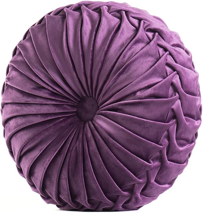 MOJUN Velvet Throw Pillow - Round, Pleated, Filled - Home Decorative Pillow for Couch, Chair, Bed, Car, Floor (Purple, 14inch)