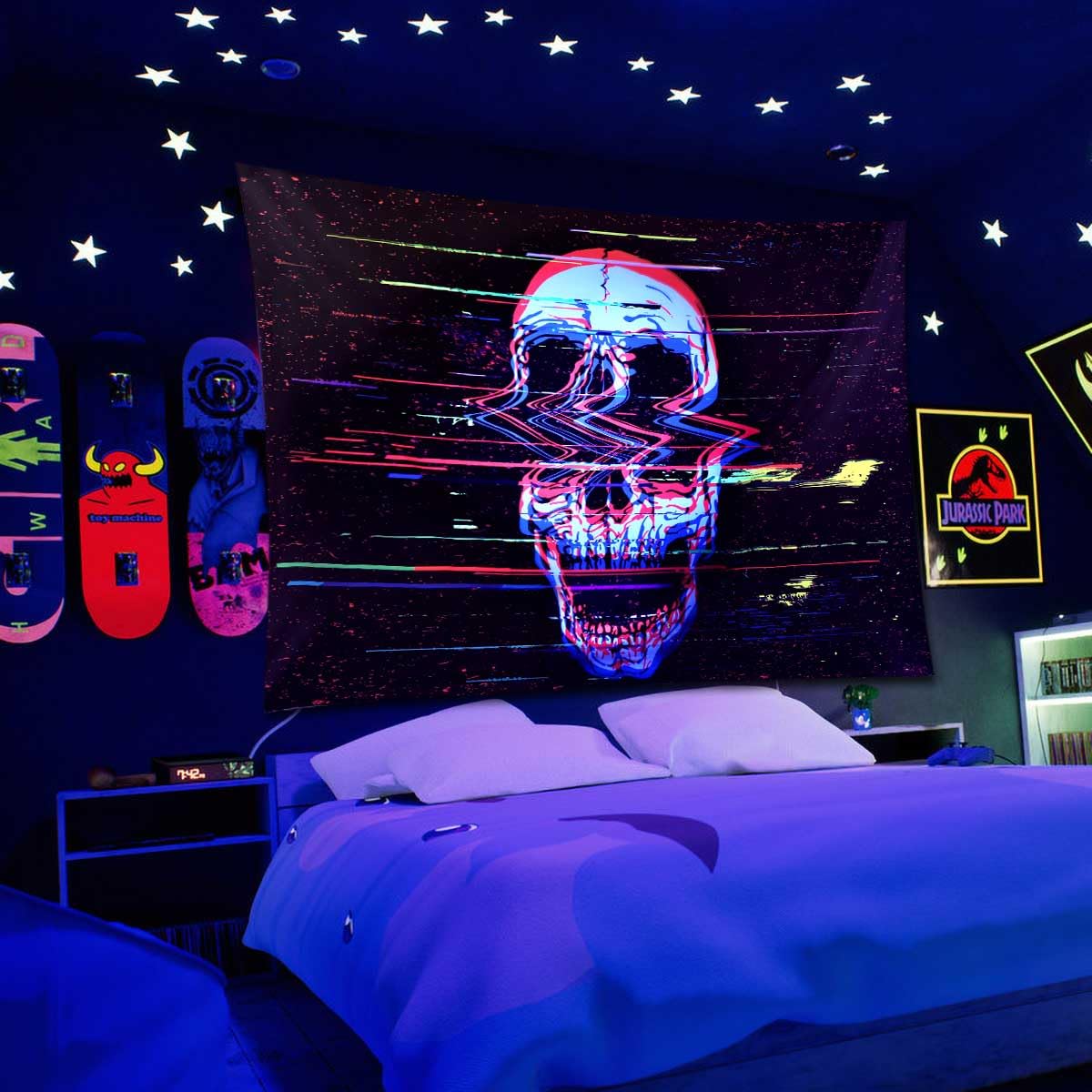 ADDWel Blacklight Skull Tapestry, Black Psychedelic Tapestry Glow In The Dark, UV Reactive Black Light Tapestries Posters Wall Hanging for Room Decor(50 * 60inches)