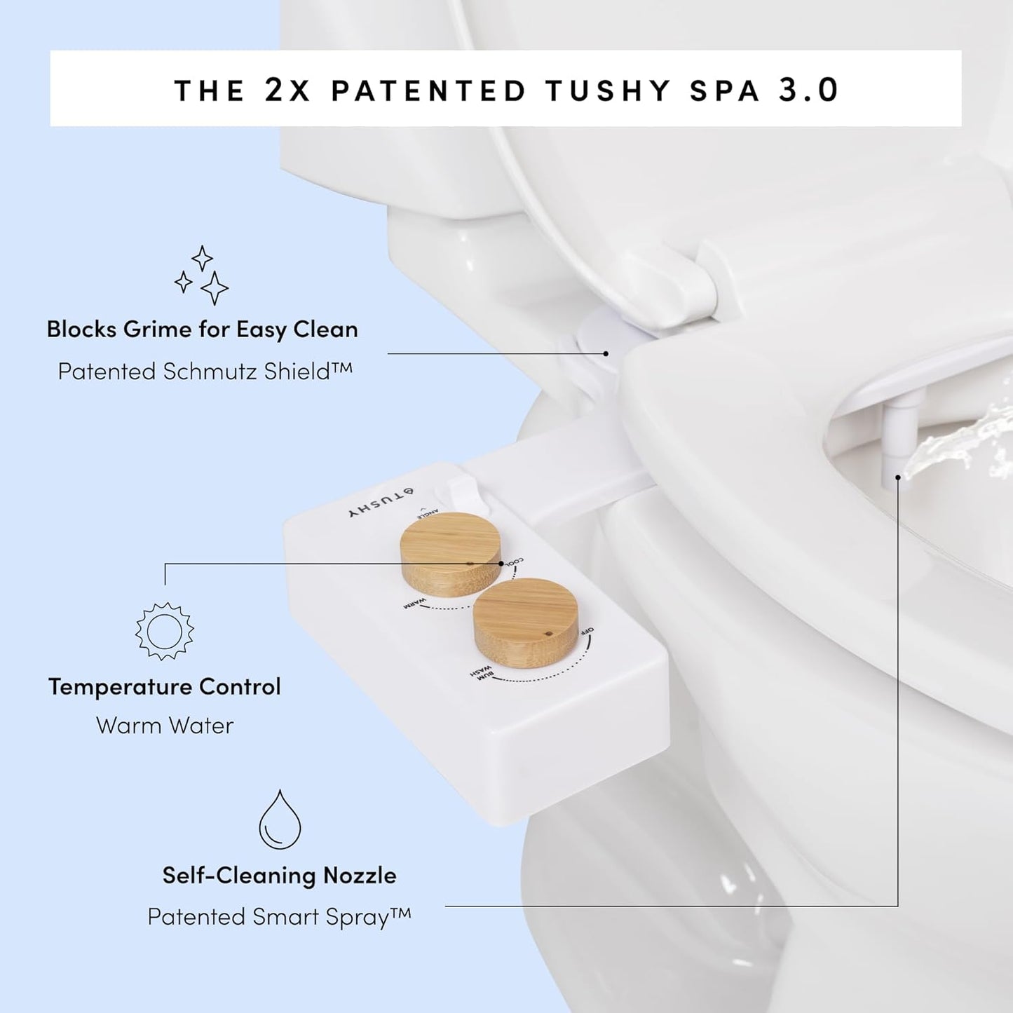 TUSHY 3.0 Spa Cool to Warm Water Bidet Attachment. Easy Universal Toilet Seat Install, Requires Sink Connection for Temperature Control. Fresh Self Cleaning Clean Water (Pink/Bamboo)