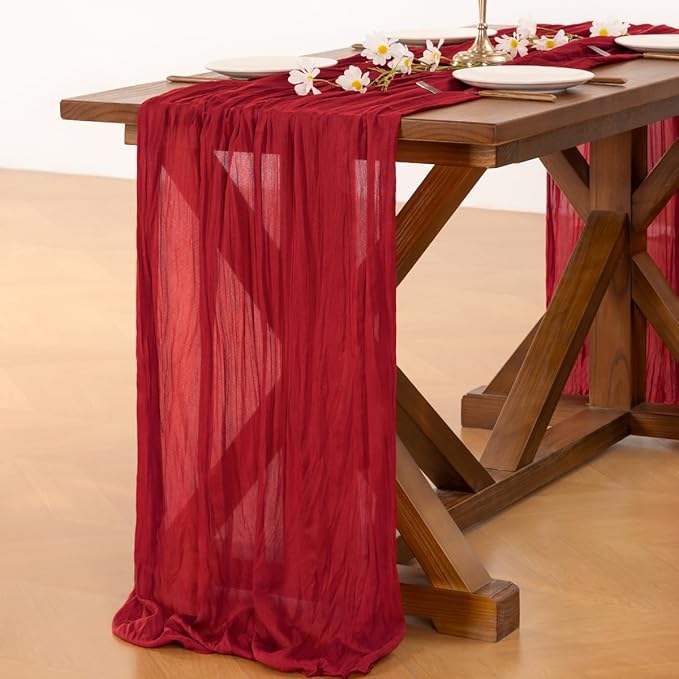 Socomi 3pcs Red Easter Spring Cheesecloth Table Runner Boho Rustic Gauze 120 inch 10FT Cheese Cloth Runner for Wedding Party Baby Shower Birthday Home Decor Holiday Decorations