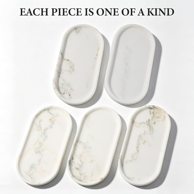 Koville Natural Marble Tray for Bathroom Countertop, Marble Storage Trays for Perfume, Cosmetics, Jewelry, Vanity Tray Stone Trays for Kitchen, Decorative Tray for Dresser Organizer(Calacatta White)