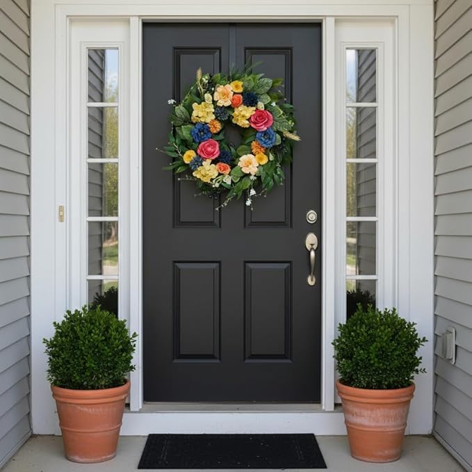 Spring Wreaths for Front Door, 22 Inch Summer Wreath with Roses & Hydrangeas, Outdoor Wreath for Spring Summer Door Decor