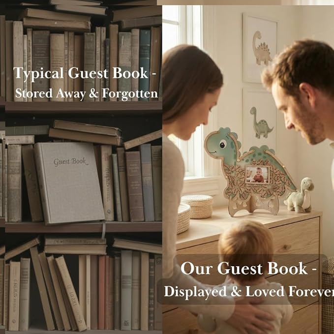 Dinosaur Guest Book Alternative Keepsake Frame - Baby Shower - Birthdays - Gender Reveal - Decorations - Premium Wooden Shadow Box Nursery Decorations - Gift Idea - Wooden Tokens and Token Sign Box Included - OneASaurus Theme (Green)