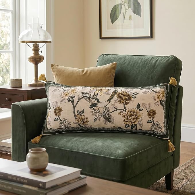 ISAENNE Vintage Linen Rectangle Throw Pillow Cover,Set of 2,28"x12"-Murad A | Designer French Decor Pillow Cover,Concealed Zipper Design,Floral and Bird Pattern,Sofa,Bedroom,Living Room,Lounge Chairs